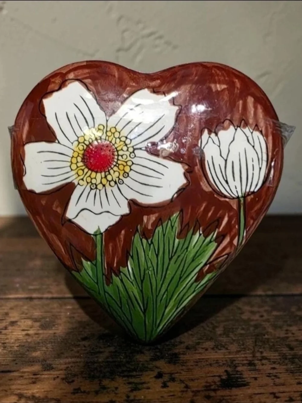 Vintage Ceramic Heart Trinket Jewelry Box Hand Painted Floral